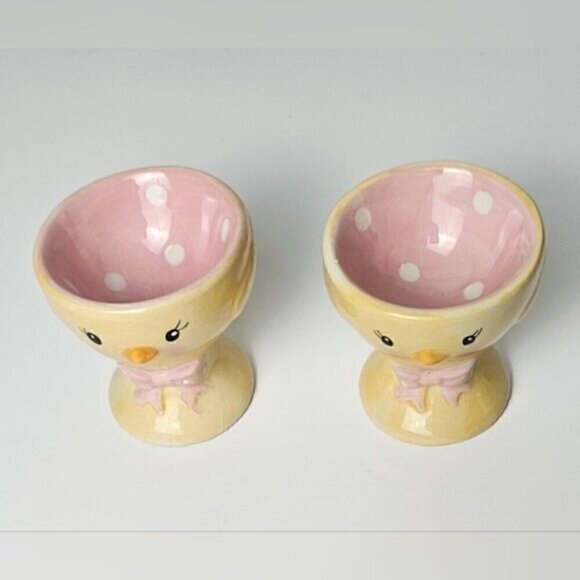Vintage Chick Egg Cups – Pink Bow Ceramic Set of 2 | Kawaii Easter Decor - Picture 2 of 9